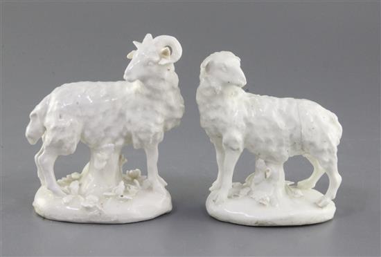 A rare pair of Derby dry-edge figures of a ram and ewe, c.1752, Andrew Planché period, h. 13cm and 12cm, small areas of restoration